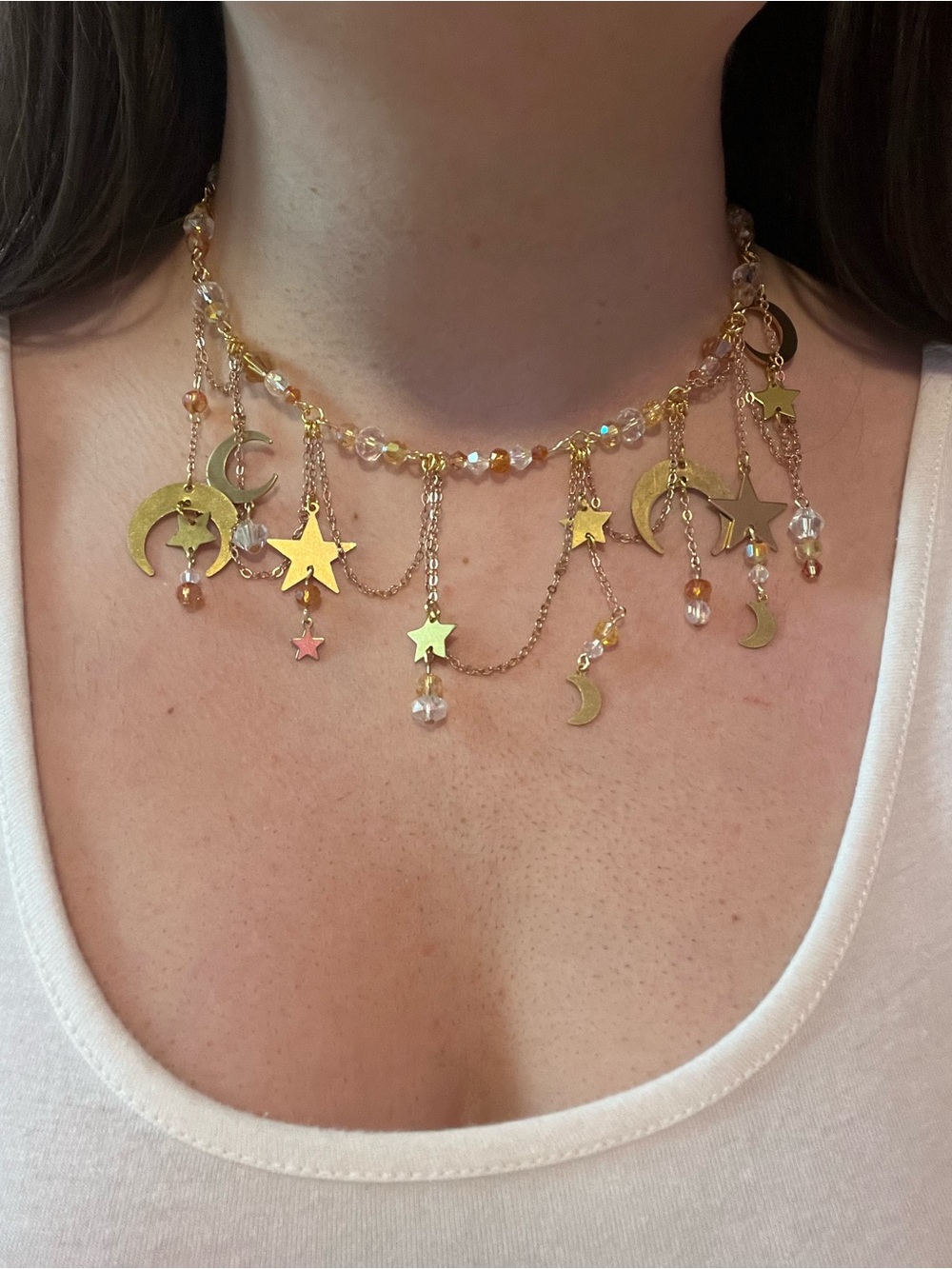 Gold Star & Moon Charm Beaded Choker Necklace